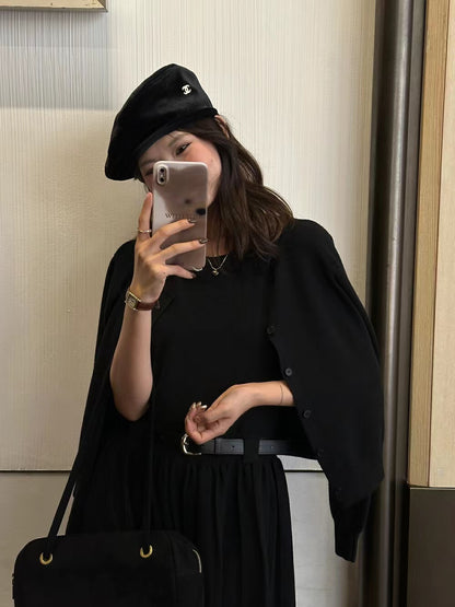 長袖ニットカーディガン＋タンクトッププリーツワンピースセット