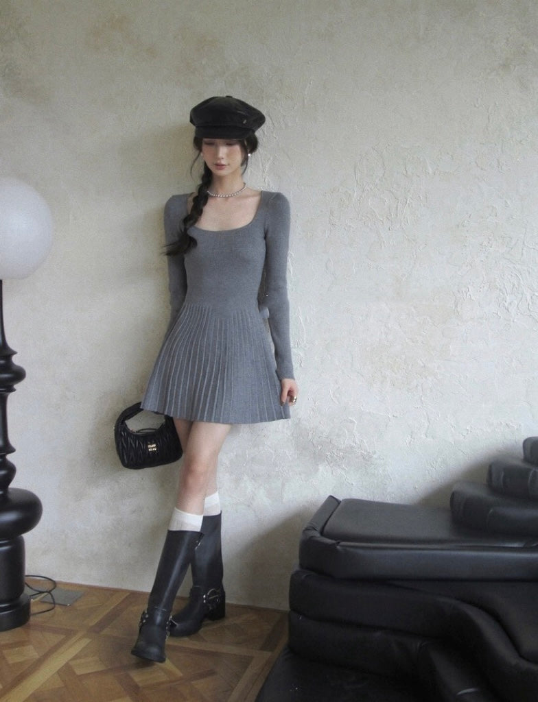 法式方領修腰連身裙