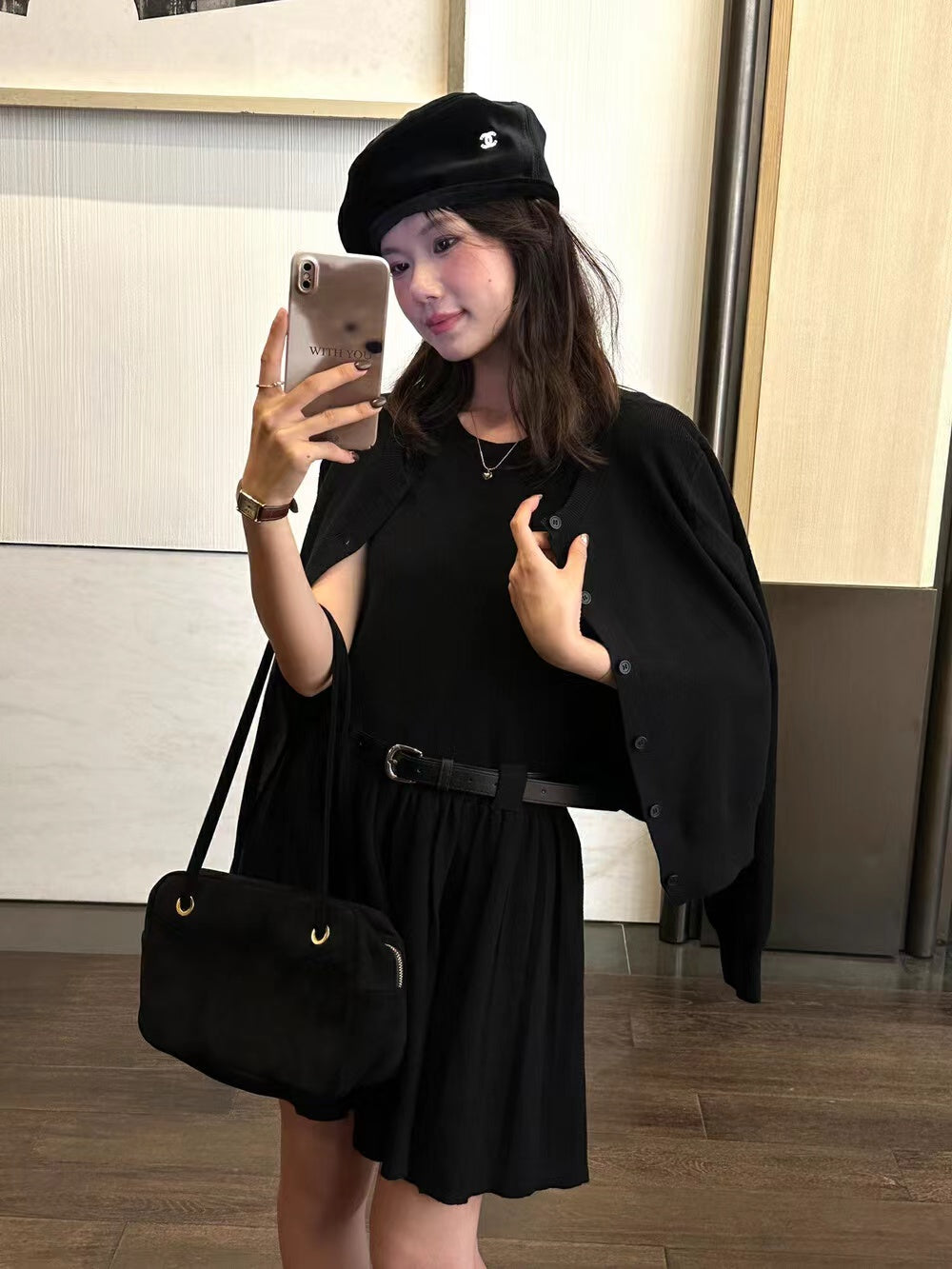 長袖ニットカーディガン＋タンクトッププリーツワンピースセット