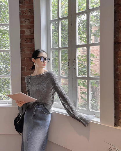 パッチワークと透かし編みニットトップ