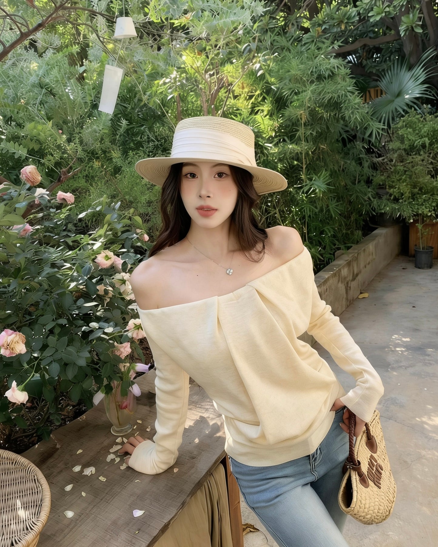 法式浪漫一字肩針織小衫