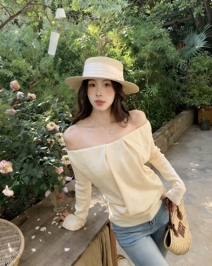 法式浪漫一字肩針織小衫