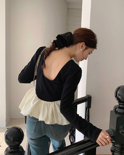 ヴィンテージバックオープンフリル長袖トップ