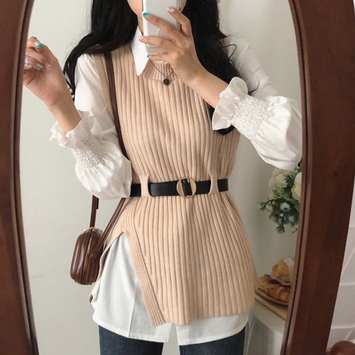 T-shirt dress + knitted vest set