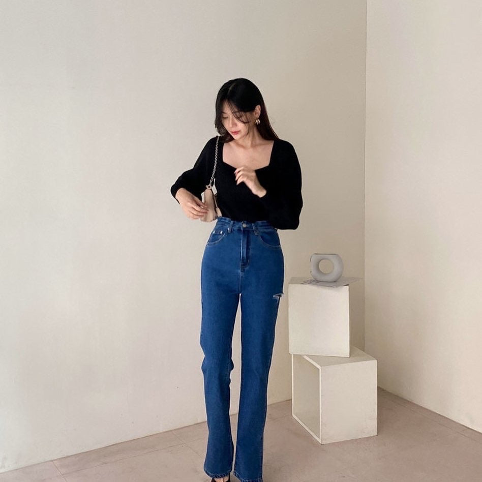 フレンチスクエアネックニット長袖トップ