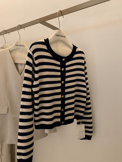 圓領條紋簡約針織開衫