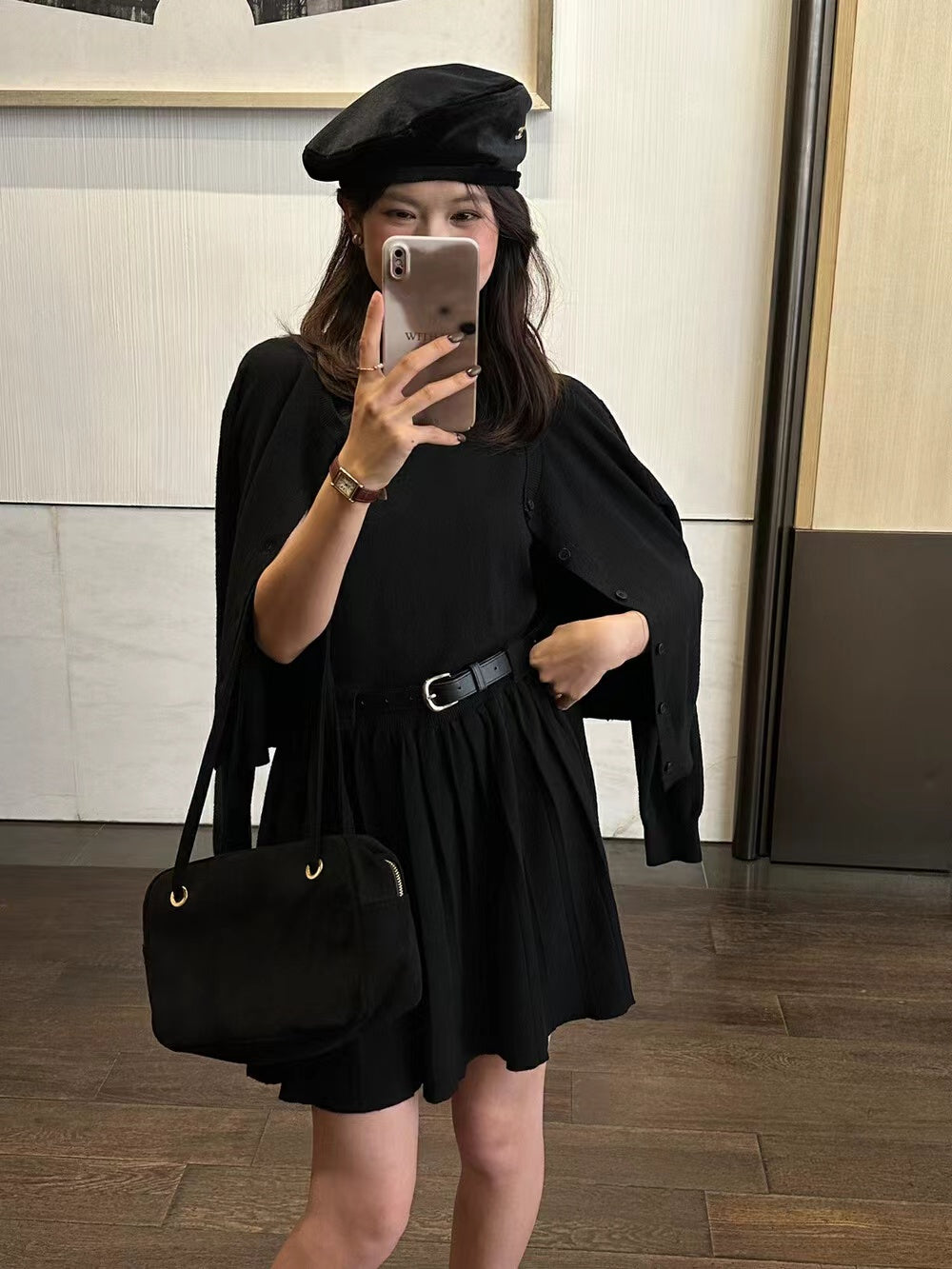 長袖ニットカーディガン＋タンクトッププリーツワンピースセット