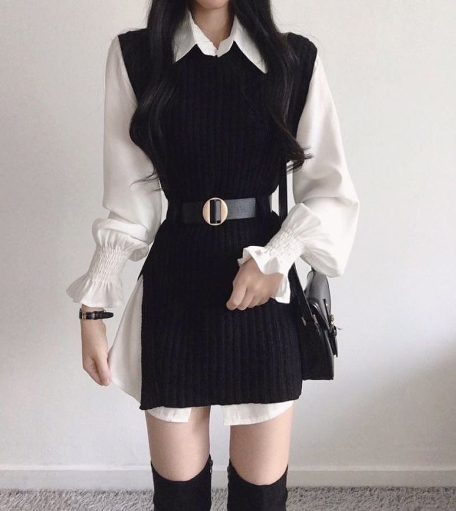 T-shirt dress + knitted vest set