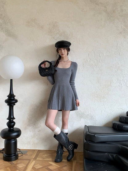 法式方領修腰連身裙