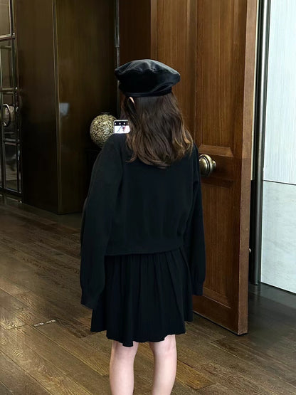 長袖ニットカーディガン＋タンクトッププリーツワンピースセット