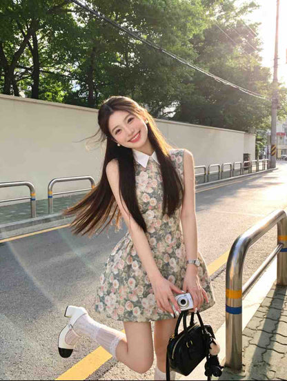 Sweet Vintage Floral Peter Pan Collar Sleeveless Dress