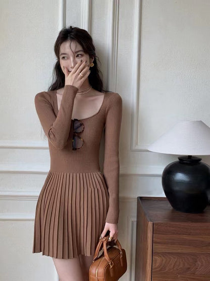 法式方領修腰連身裙