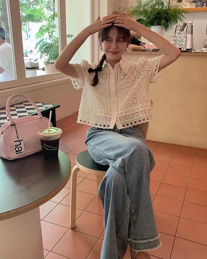 半袖レースボタントップ