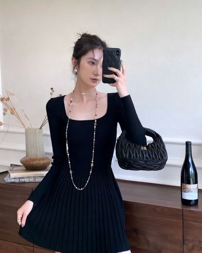 法式方領修腰連身裙