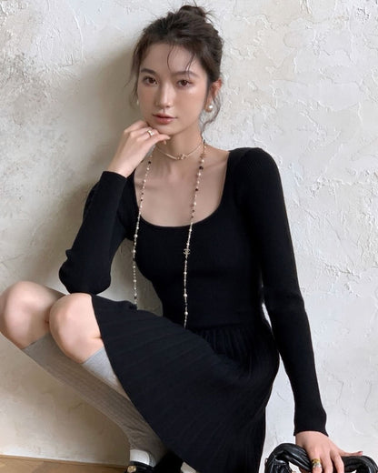 法式方領修腰連身裙