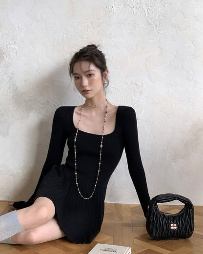 法式方領修腰連身裙