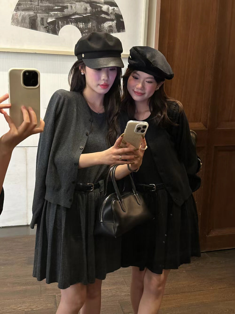 長袖ニットカーディガン＋タンクトッププリーツワンピースセット