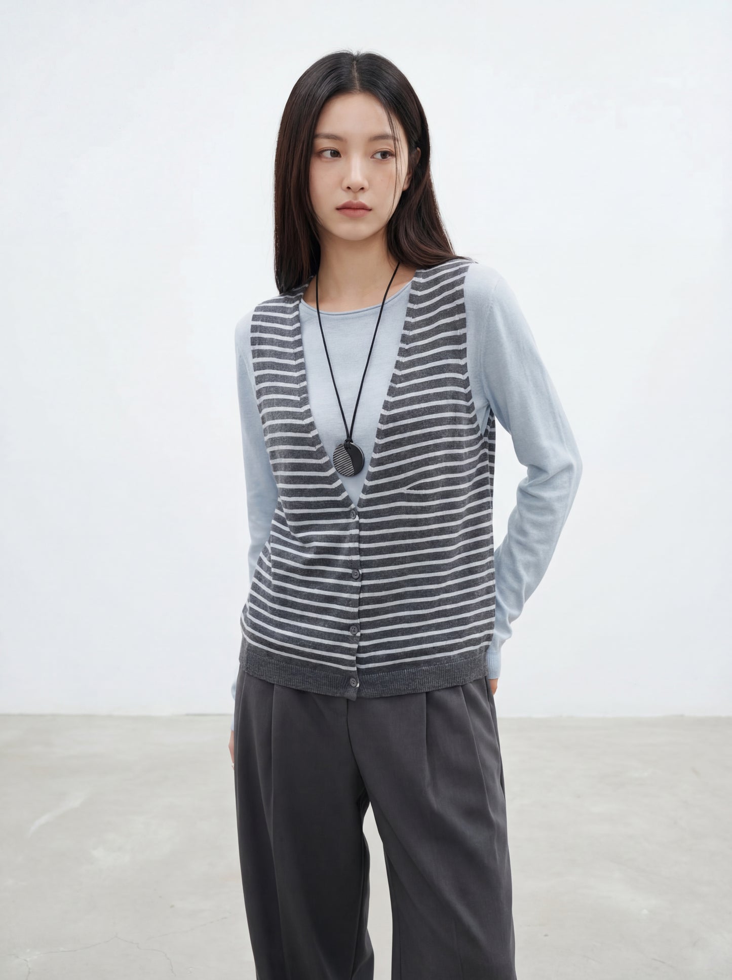 Striped Knit Sweater with Spliced Mock Two-Piece Halter Neck