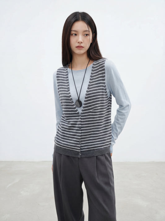 Striped Knit Sweater with Spliced Mock Two-Piece Halter Neck