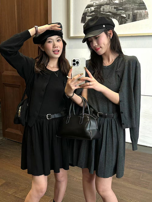 長袖針織開衫＋背心壓褶連身裙套裝