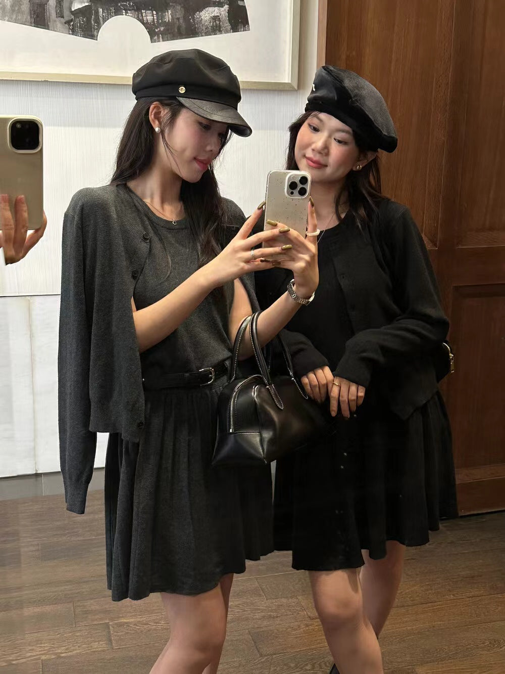 長袖ニットカーディガン＋タンクトッププリーツワンピースセット