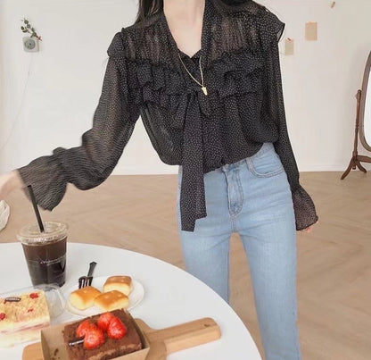Polka Dot Long Sleeve Chiffon Top
