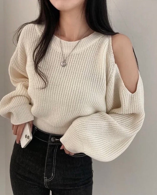 クルーネックショルダーオープンニットトップ