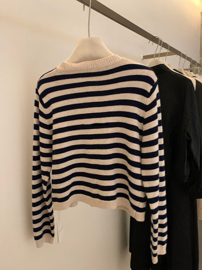 圓領條紋簡約針織開衫