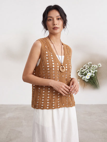 Four knitted hollow-out vests styled over basic white and brown tank tops