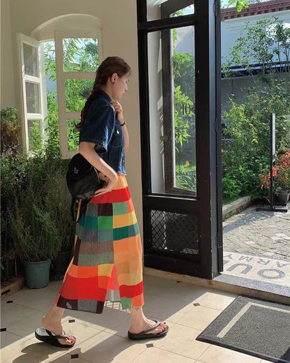 Rainbow Plaid Slit Midi Skirt