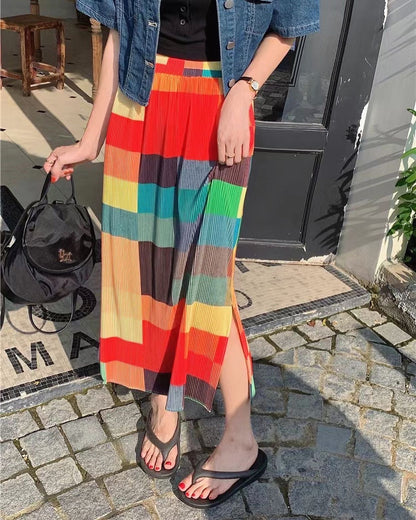 Rainbow Plaid Slit Midi Skirt