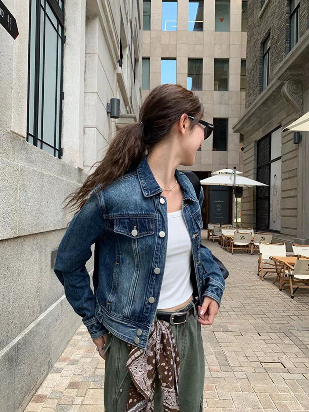 美式復古翻領短款牛仔外套