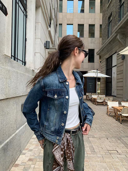 美式復古翻領短款牛仔外套