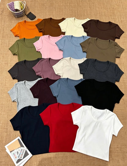 Korean Style U-Neck Solid Thickened Short-Sleeve T-Shirt