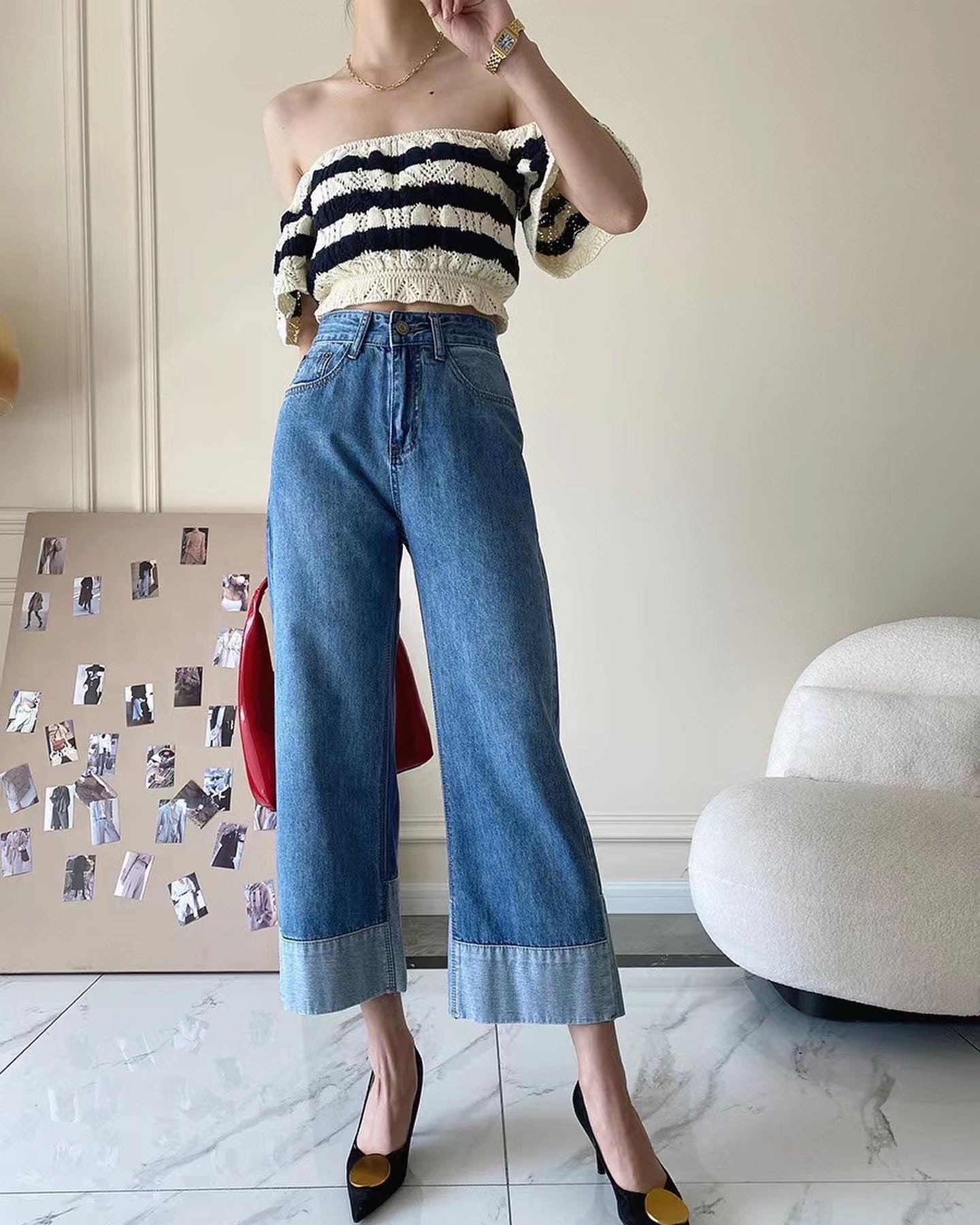 Color-blocked high-waisted cropped jeans