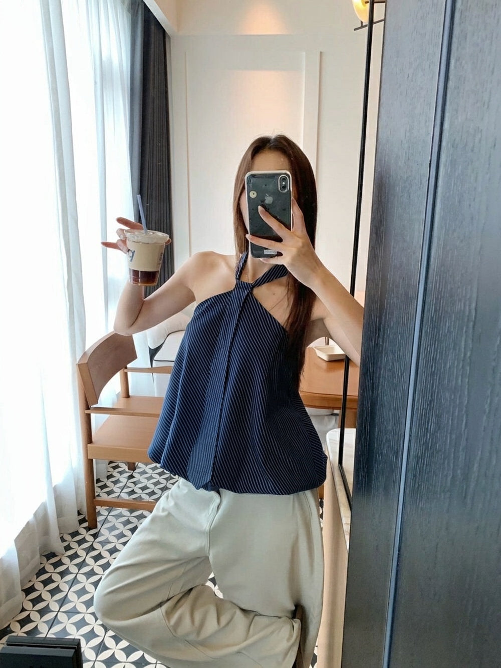 Striped Halter Backless Top
