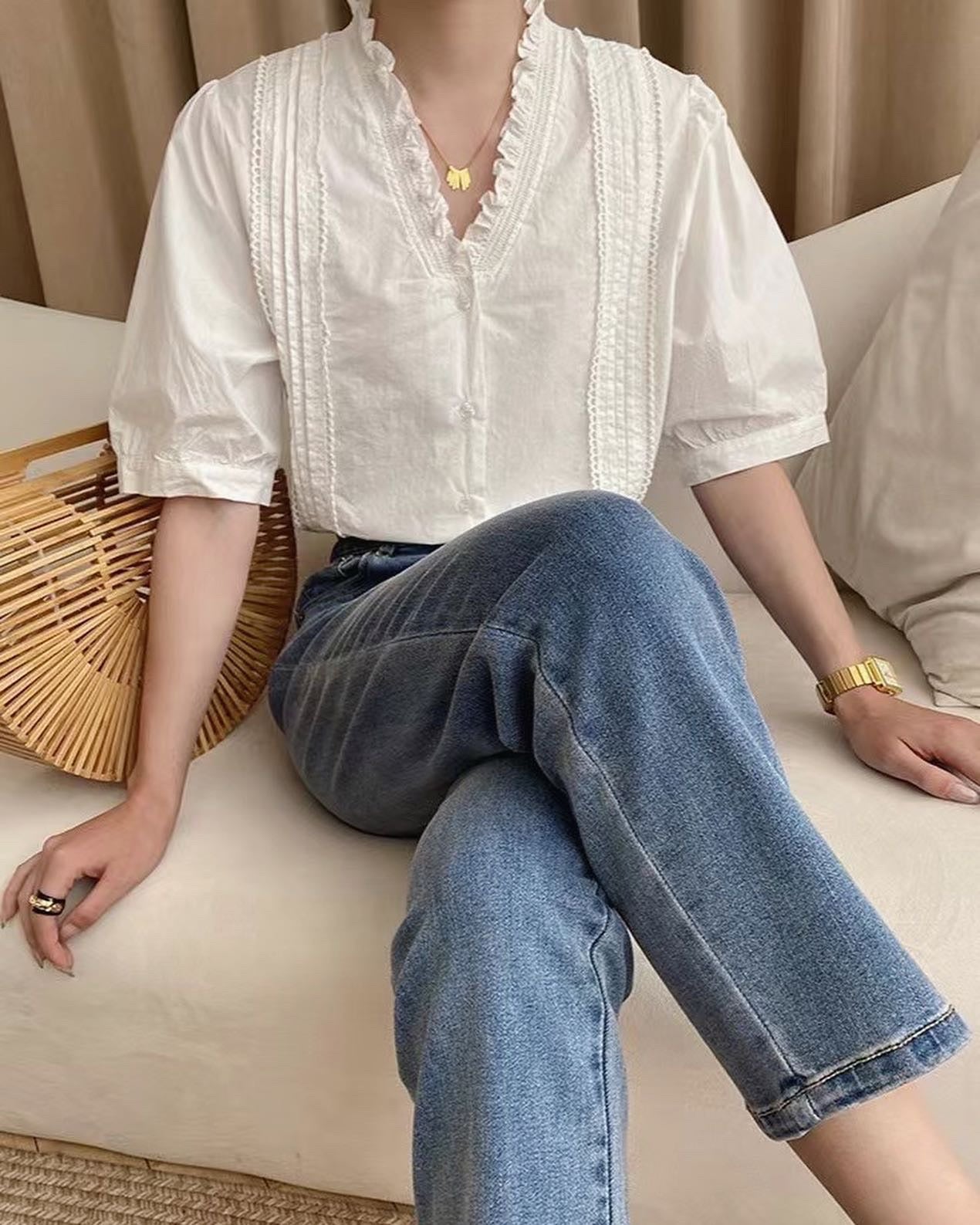 White Ruffle Neck Top