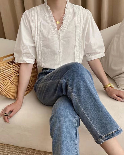 White Ruffle Neck Top