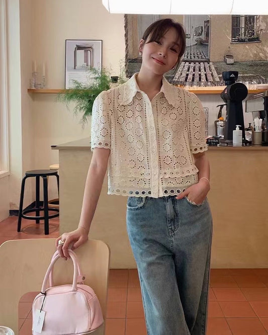 半袖レースボタントップ