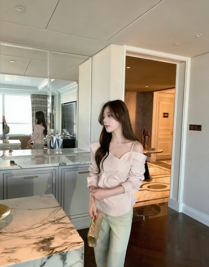 不對稱交叉領露肩小衫