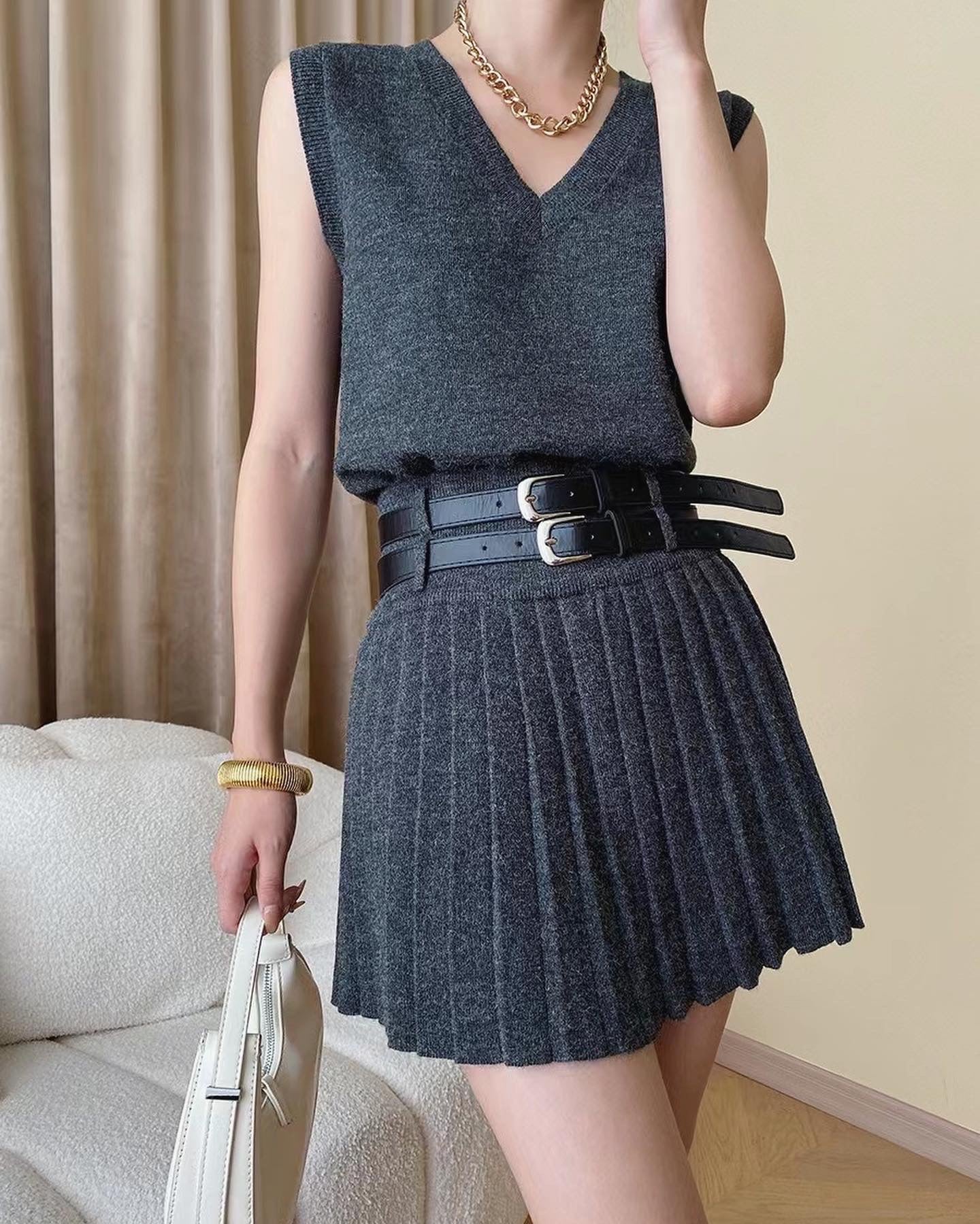 Vest and Pleated Skirt Set