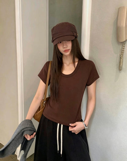Korean Style U-Neck Solid Thickened Short-Sleeve T-Shirt