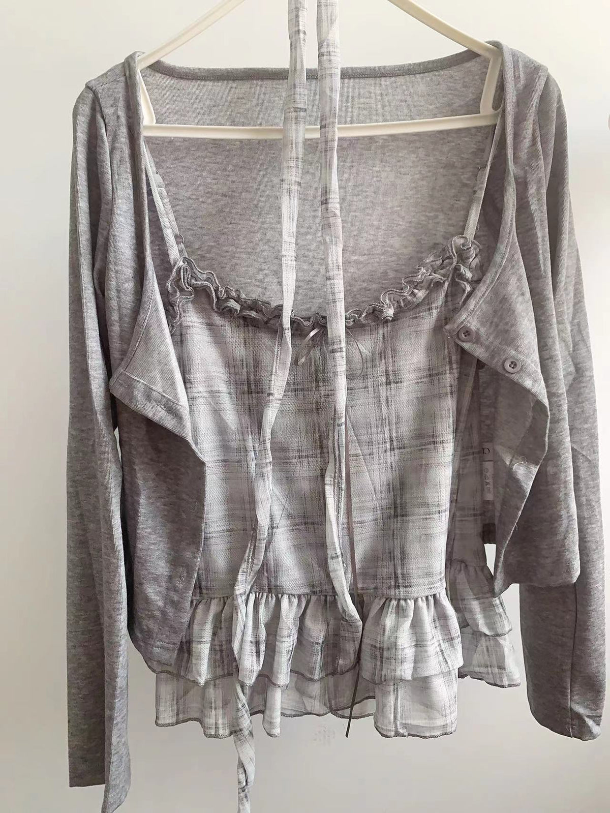 Ruffled Plaid Camisole + Long Sleeve Cardigan Set