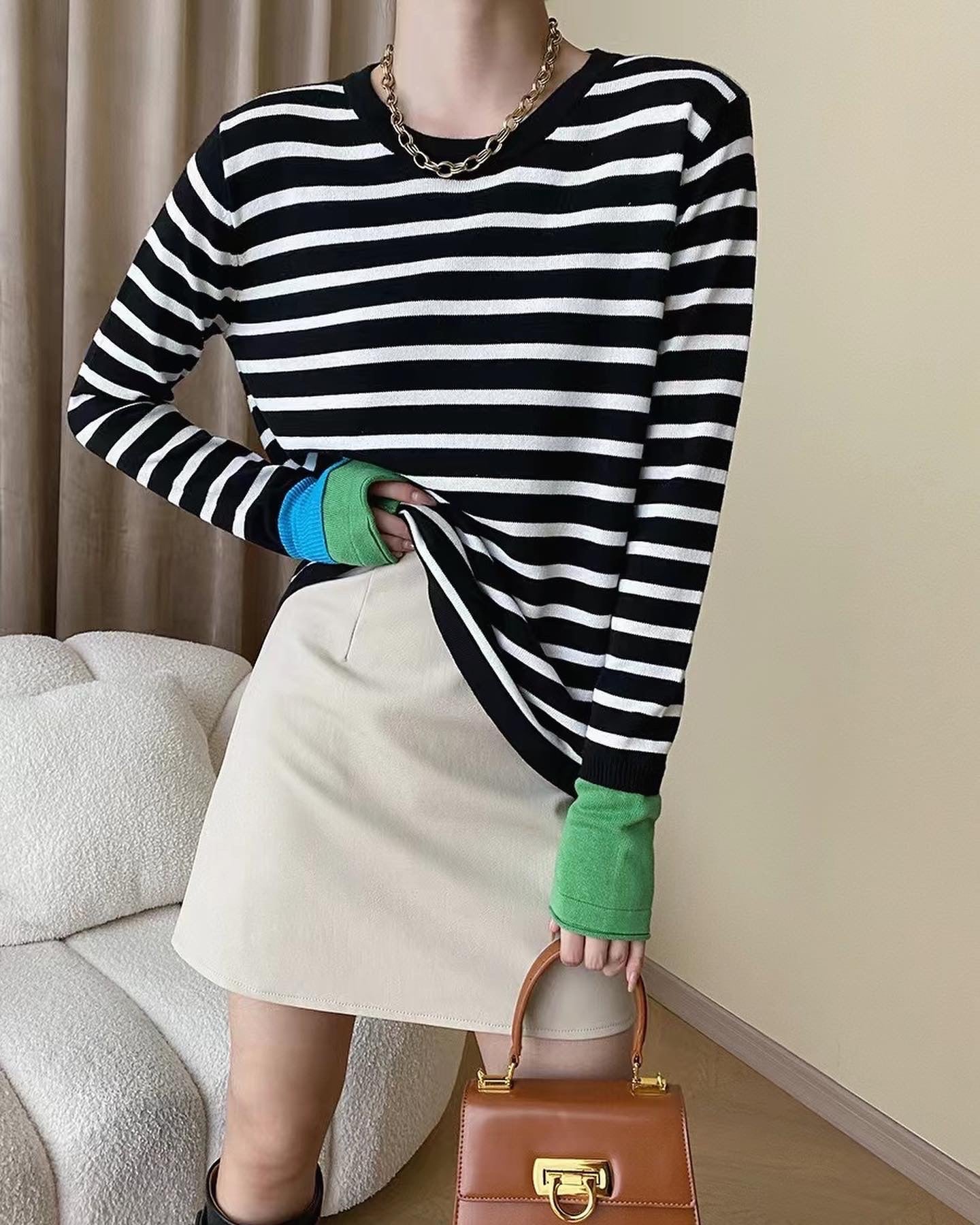 Color-Blocked Striped Long Sleeve Top