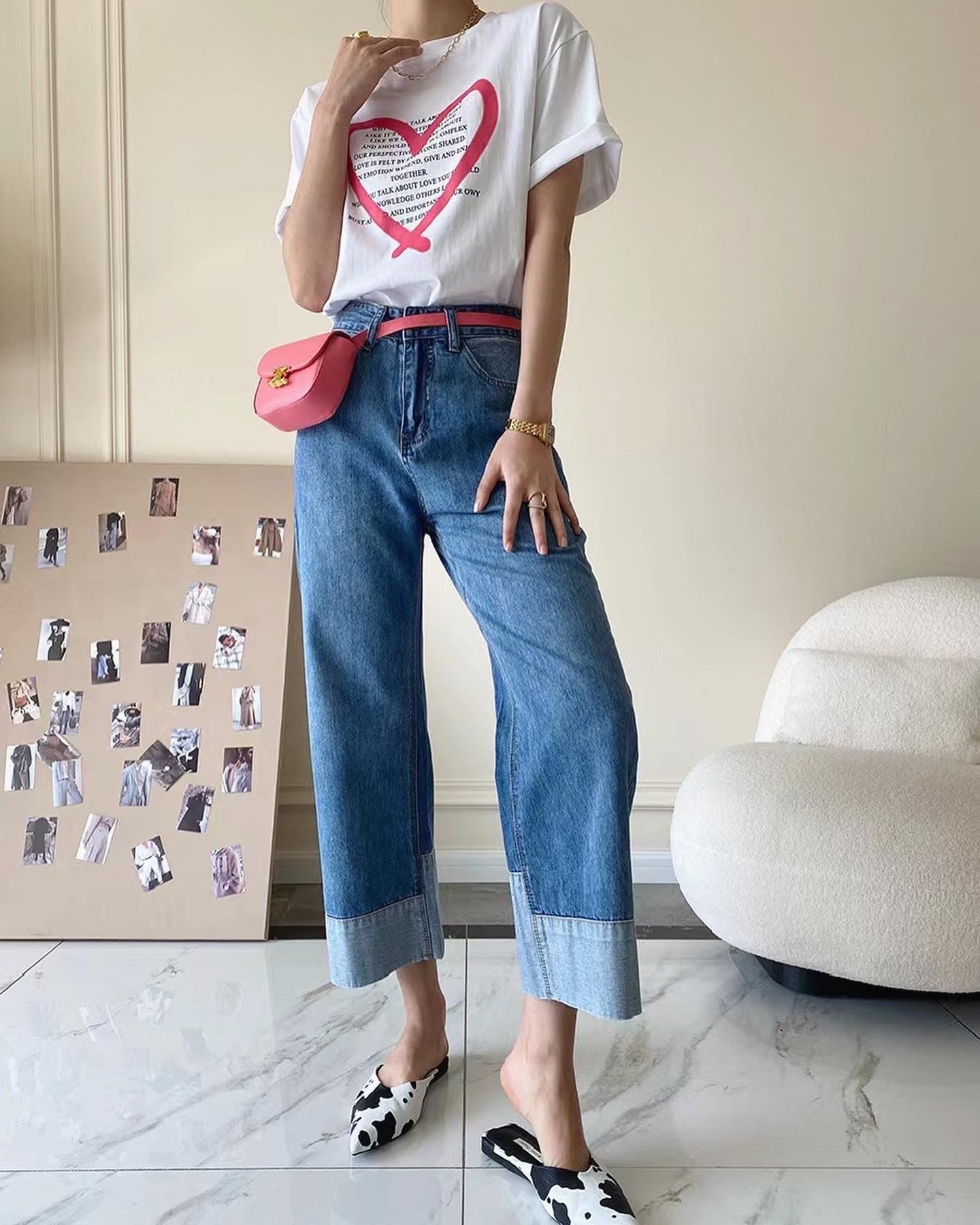 Color-blocked high-waisted cropped jeans