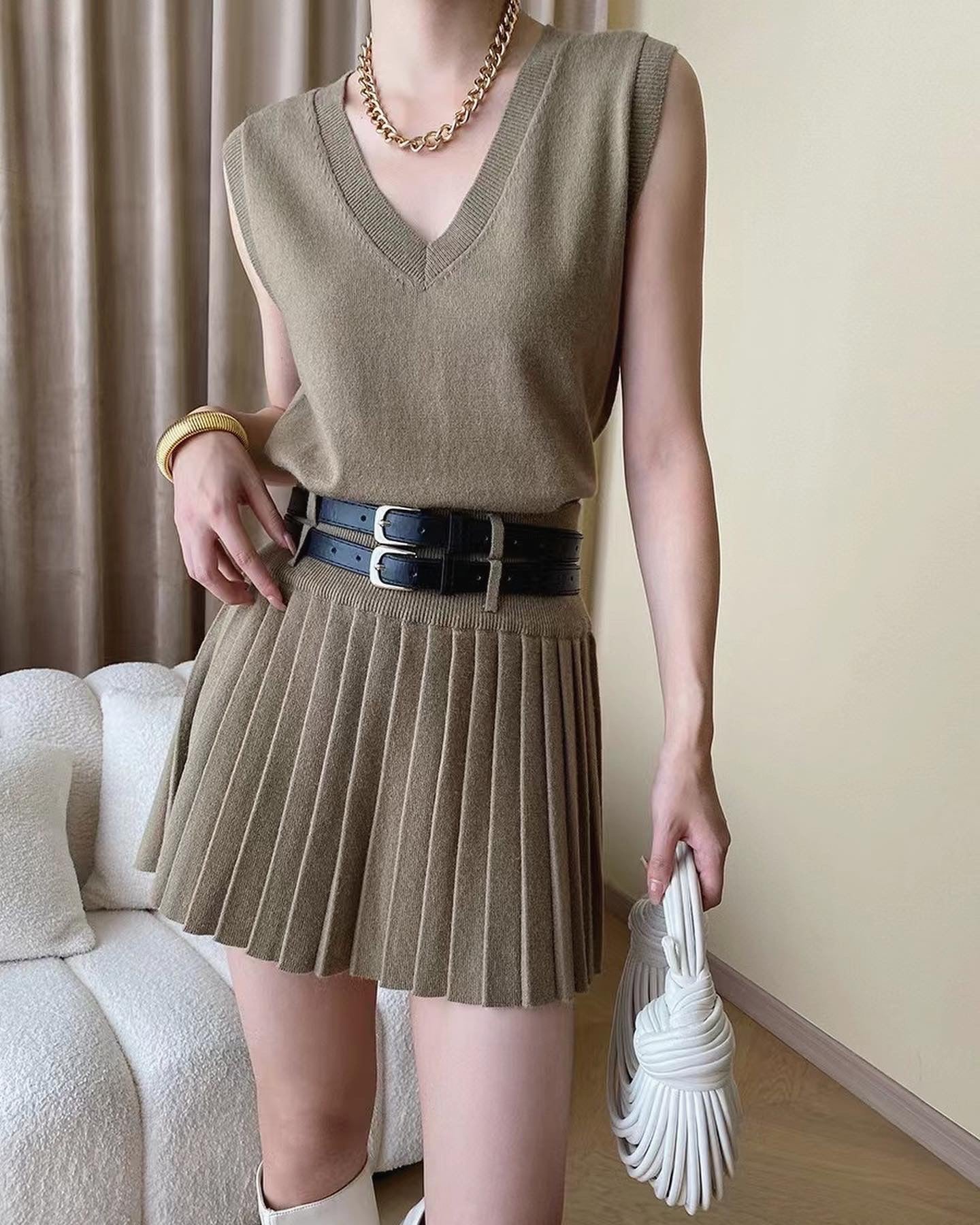 Vest and Pleated Skirt Set