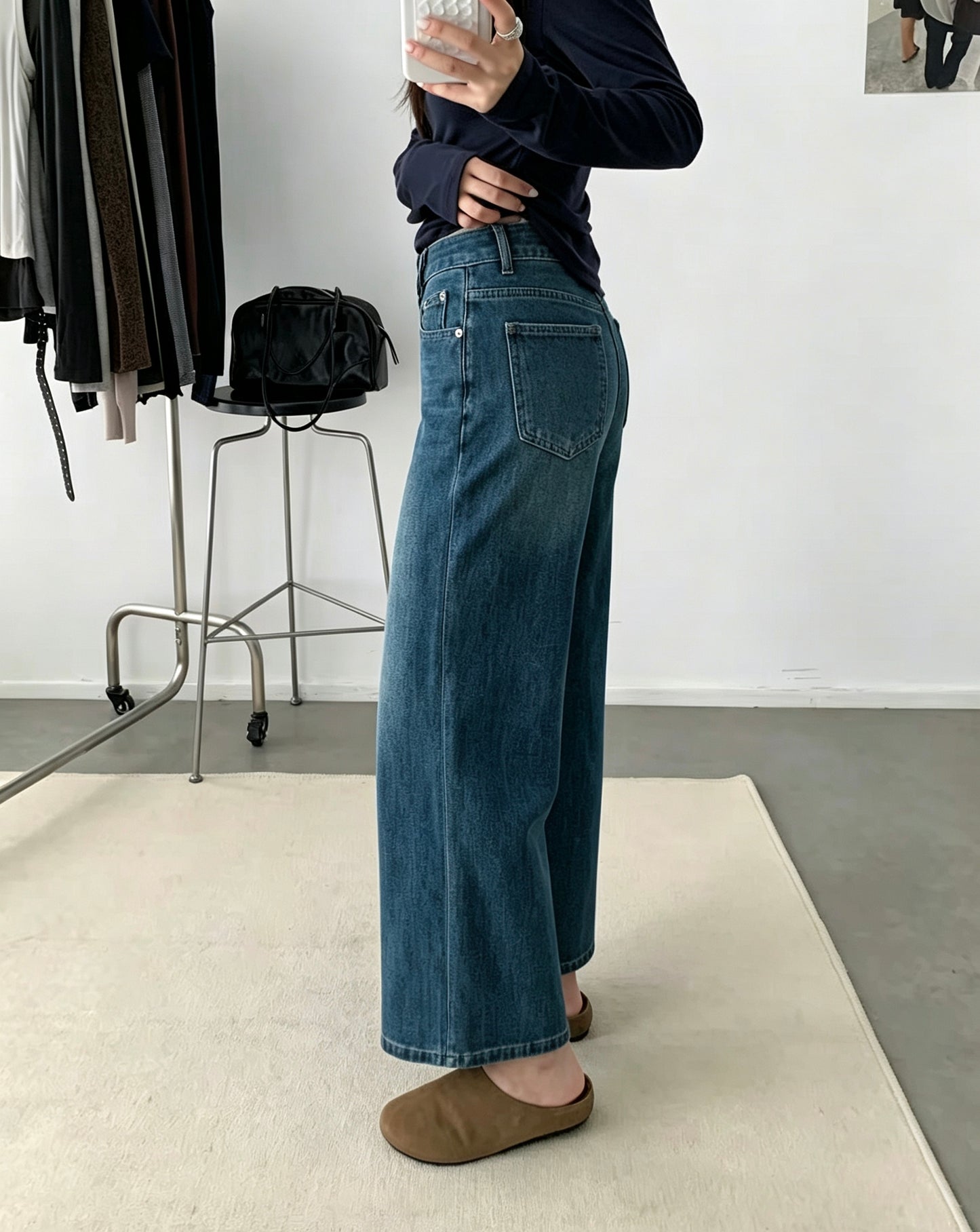 韓国風 8wayストレッチ ワイドデニムパンツ