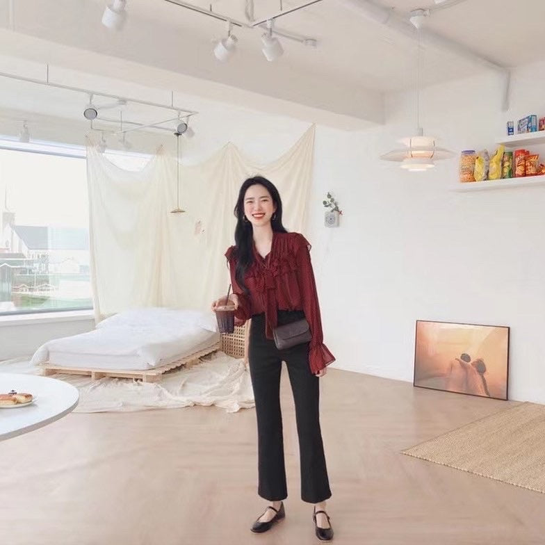 Polka Dot Long Sleeve Chiffon Top