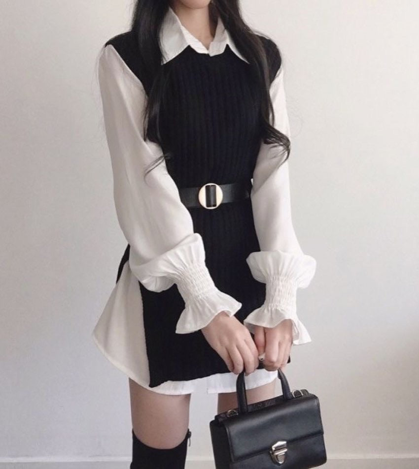 T-shirt dress + knitted vest set