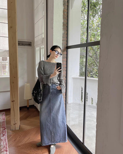 パッチワークと透かし編みニットトップ